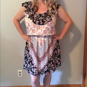 Floral tank dress with ruffles at neck